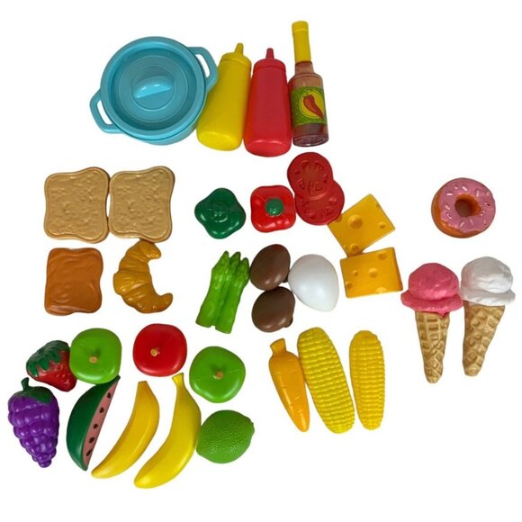 Plastic Play Food Set 35 Pieces Fruits Vegetables Cheese Bread Desserts Kitchen - Picture 2 of 8